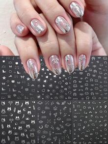 6Pcs 3D Silver Metallic Nail Art Stickers Minimalist Cute Cat Heart Star Bow Planet Moon Pattern Self-Adhesive Nail Decals Y2k Nail Decoration - Silver - View 2