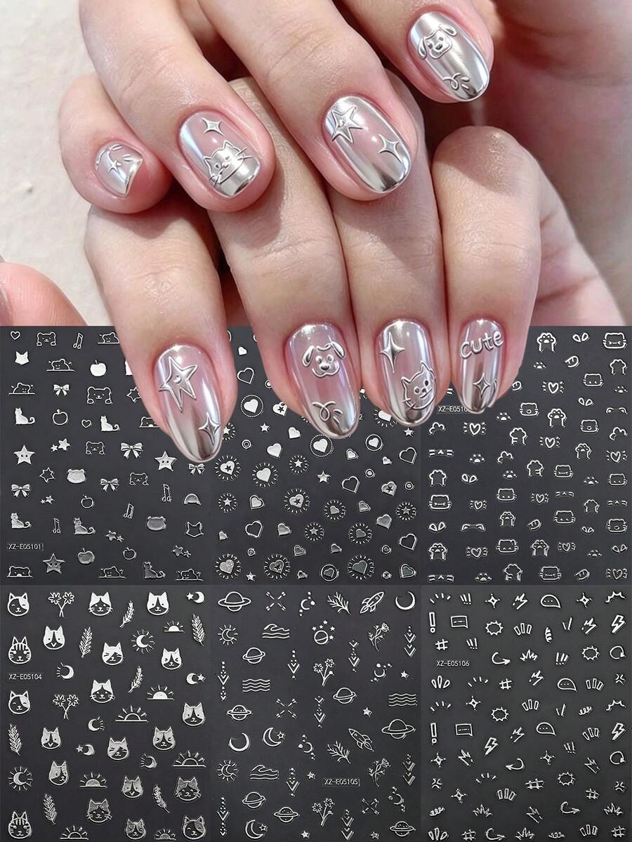 6Pcs 3D Silver Metallic Nail Art Stickers Minimalist Cute Cat Heart Star Bow Planet Moon Pattern Self-Adhesive Nail Decals Y2k Nail Decoration