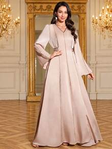 Women's V-Neck Long Sleeve Maxi A-Line Dress With Detachable Belt Wedding Spring Party - Champagne - View 2