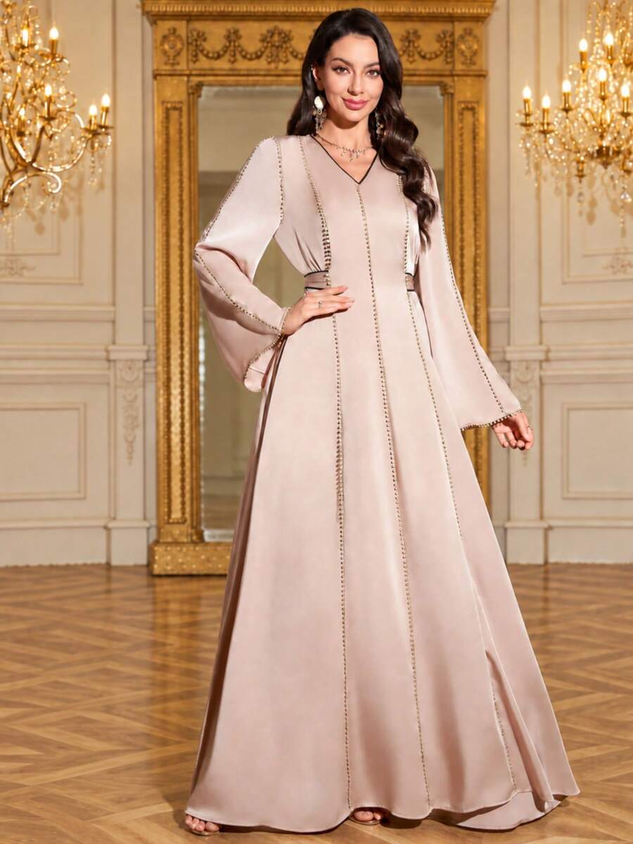 Women's V-Neck Long Sleeve Maxi A-Line Dress With Detachable Belt Wedding Spring Party