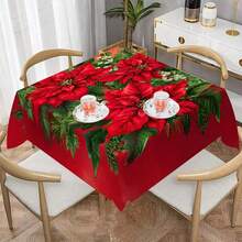 1pc Christmas Poinsettia Floral Holiday Print Tablecloth, Woven Polyester Square And Rectangular Tablecloth, Suitable For Home, Kitchen Decor, Holiday Party, Camping - Machine Woven - Multicolor - View 10