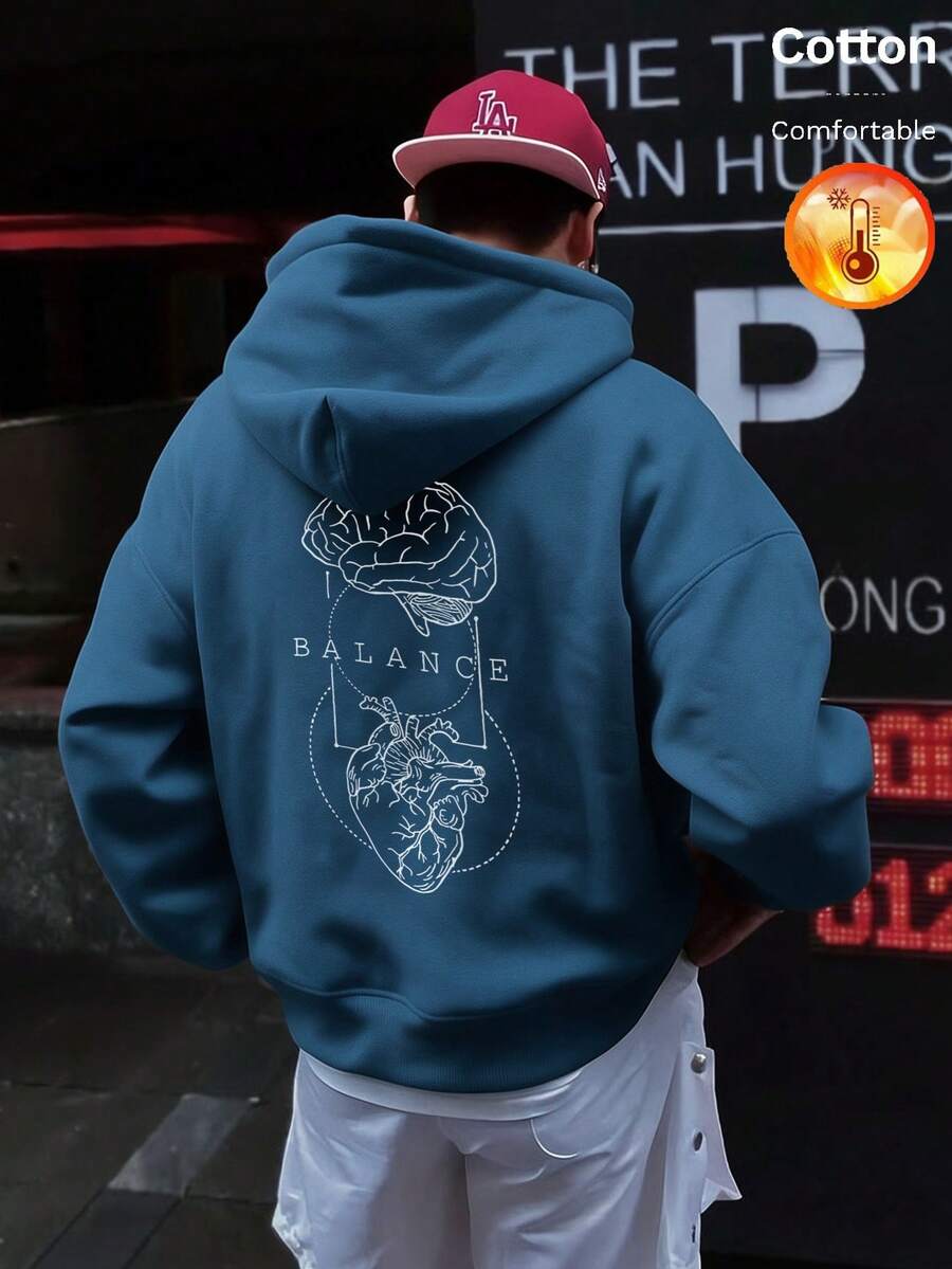 Men's Fleece Hooded Sweatshirt, Brain & Heart Graphic, BALANCE Text, Y2K Style, Autumn/Winter - Cow Blue - View 1