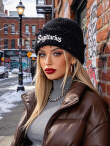 1Pc 12 Zodiac Signs Print Street Distressed Knit Beanie Hat, Warm Outdoor Fashion Couple/Student Knitted Cap, Suitable For Daily Wear, Autumn/Winter - Black - View 7