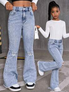 Girls' Vintage Washed Denim Jeans, Fashion Distressed Flare Leg Design, Streetwear, Campus, College Style - Blue - View 1