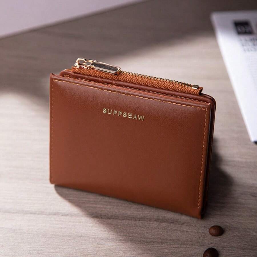 Minimalist Letter Women's Short Wallet PU Foldable Card Holder With Zipper Coin Pocket, Slim Multi-Card Slots