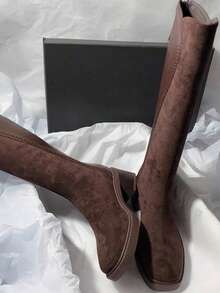 女款厚底增高街頭風靴子 新款秋季騎士高筒靴 中筒靴 棕色復古短靴 - 棕色 - 查看 4