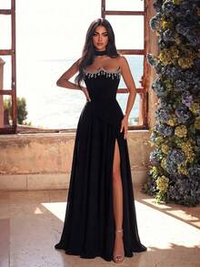 ADYCE Elegant Strapless Waist-Cinching Backless Fitted Tie-Up Rhinestone Embellished High Slit Floor-Length Ball Gown, Suitable For Prom, Homecoming, Wedding Guest, Formal Dinner, Christmas - Black - View 6