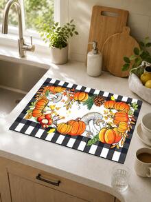 1pc Black & White Plaid Pumpkin Pattern Diatomaceous Earth Absorbent Drying Mat, Kitchen Countertop Draining Pad, Coffee Machine Mat, Bowl & Plate Drying Mat, Dining Table Breakfast Mat, Non-Slip Heat-Resistant Easy To Clean Hidden Water Stains, Suitable For Kitchen, Dining Table, Coffee Shop, Bar, Home Decor, Holiday Gift - Multicolor - View 6