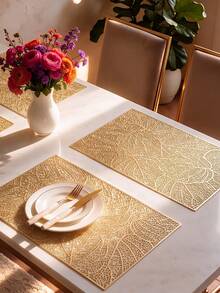8pcs, Gold Rectangular Hollow PVC Placemats, Washable Table Decor Mats, Non-Slip Odorless Tableware Mats, Breathable Heat-Dissipating Western Dining Mats, Suitable For Restaurants, Cafes, Homestays, Fit For Festivals, Parties, Gatherings, Birthdays, Weddings, Dinner Parties. - Multicolor - View 1