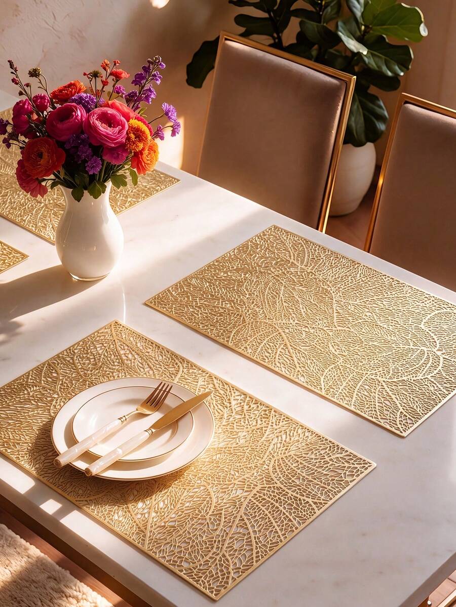 8pcs, Gold Rectangular Hollow PVC Placemats, Washable Table Decor Mats, Non-Slip Odorless Tableware Mats, Breathable Heat-Dissipating Western Dining Mats, Suitable For Restaurants, Cafes, Homestays, Fit For Festivals, Parties, Gatherings, Birthdays, Weddings, Dinner Parties. - Multicolor - View 1