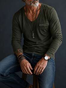Men's Fashion Comfortable Cotton Pocket Long Sleeve T-Shirt - Green - View 5