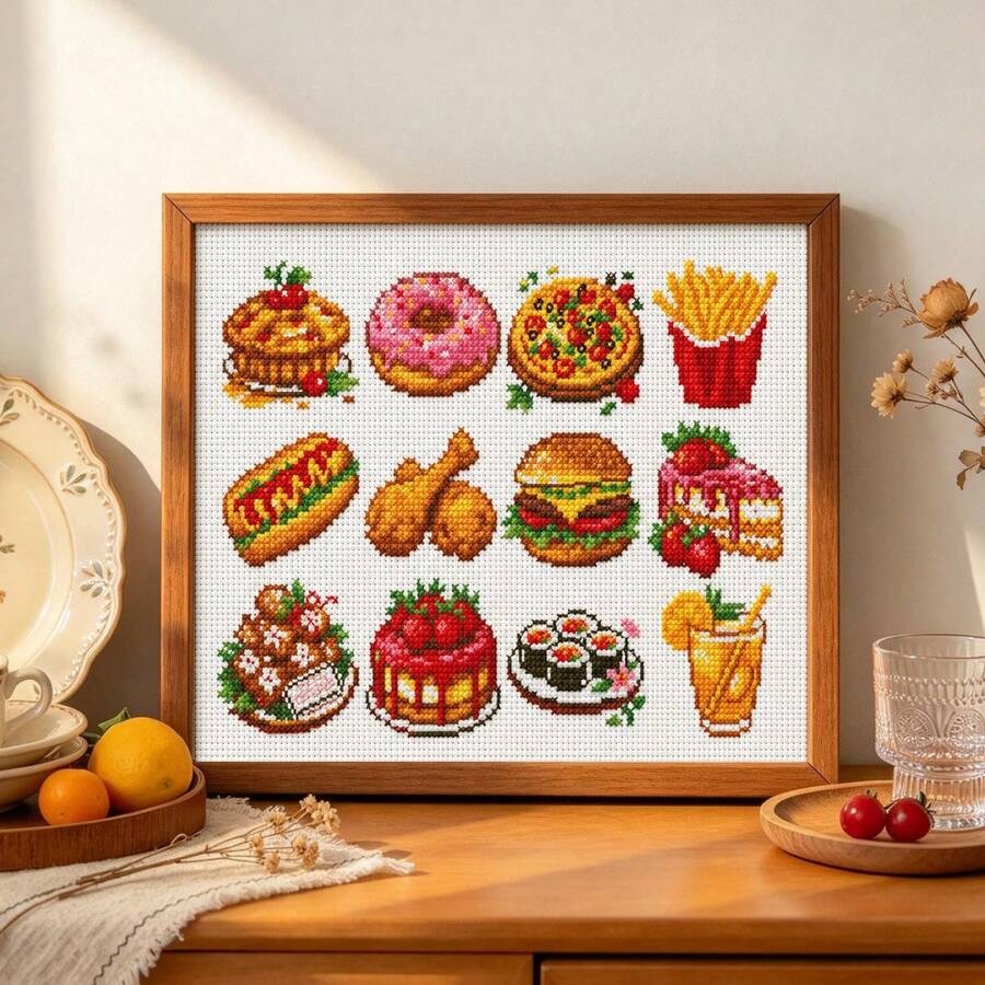 Food Party Cross Stitch Kit 11CT 3-Strand Thread 52x36cm [20.5x14.2in] White Background Printed Easy Embroidery 12 Patterns Cuttable Home Decor Creative Item