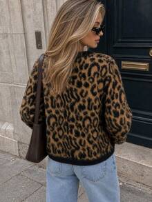 Women's Leopard Print Fuzzy Knit Cardigan, Round Neck Contrast Black Trim Button Front Long Sleeve Sweater, Vintage Loose Fall Winter French Top - Multicolor - View 3
