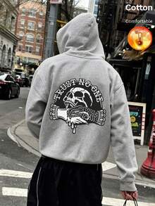 Men's Fleece Hooded Sweatshirt, Skull, Snake Holding And "Trust No One" Print, Y2K Style, Autumn/Winter - Floral Gray - View 1
