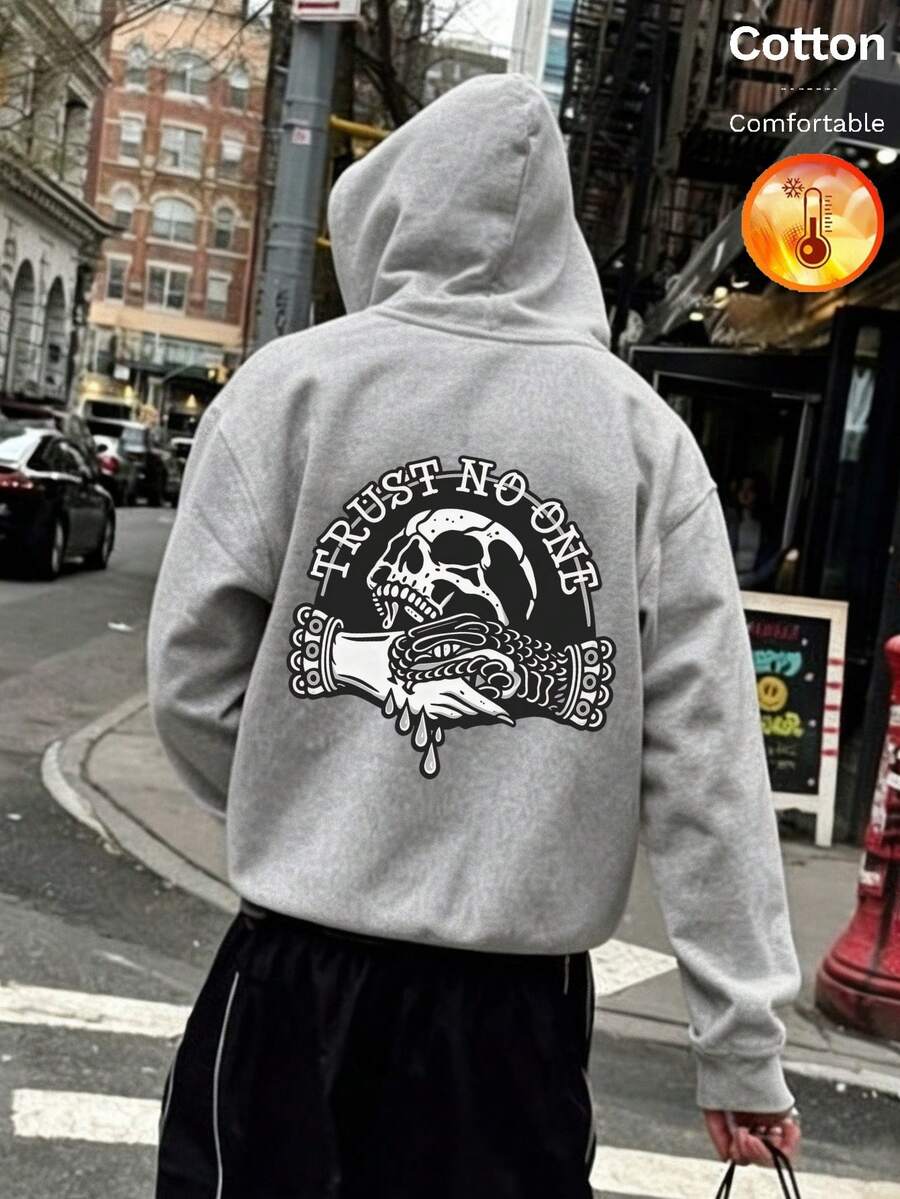Men's Fleece Hooded Sweatshirt, Skull, Snake Holding And "Trust No One" Print, Y2K Style, Autumn/Winter - Floral Gray - View 1