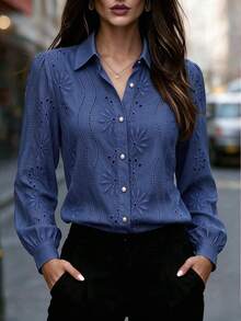 Women's Elegant Solid Color Floral Embroidered Front Button Long Sleeve Semi-Sheer Blouse, Suitable For Home, Office, Vacation, Holiday, Spring, Summer, Autumn, Winter - Royal Blue - View 3