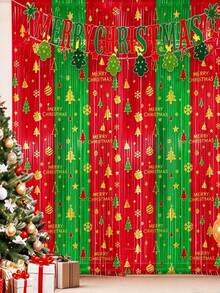 1pc Red And Green Christmas Tinsel Backdrop – Featuring Snowflakes, Christmas Trees, And "Merry Christmas" Lettering; Perfect For Christmas Decor, Photo Props, New Year's Parties, Winter-Themed Events, And More. - Style 1 - View 5