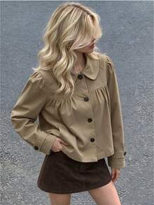 Women Fall Winter Khaki Peter Pan Collar Cropped Jacket Shoulder Ruched Sleeve Ruched Front Single Breasted Casual City Street Daily Office Going Out - Khaki - View 11