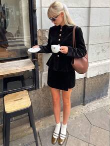 Velvet Stand Collar Gold Button Ruffle Long Sleeve Cropped Jacket, Elegant Slim Fit Autumn Short Coat - Black - View 9