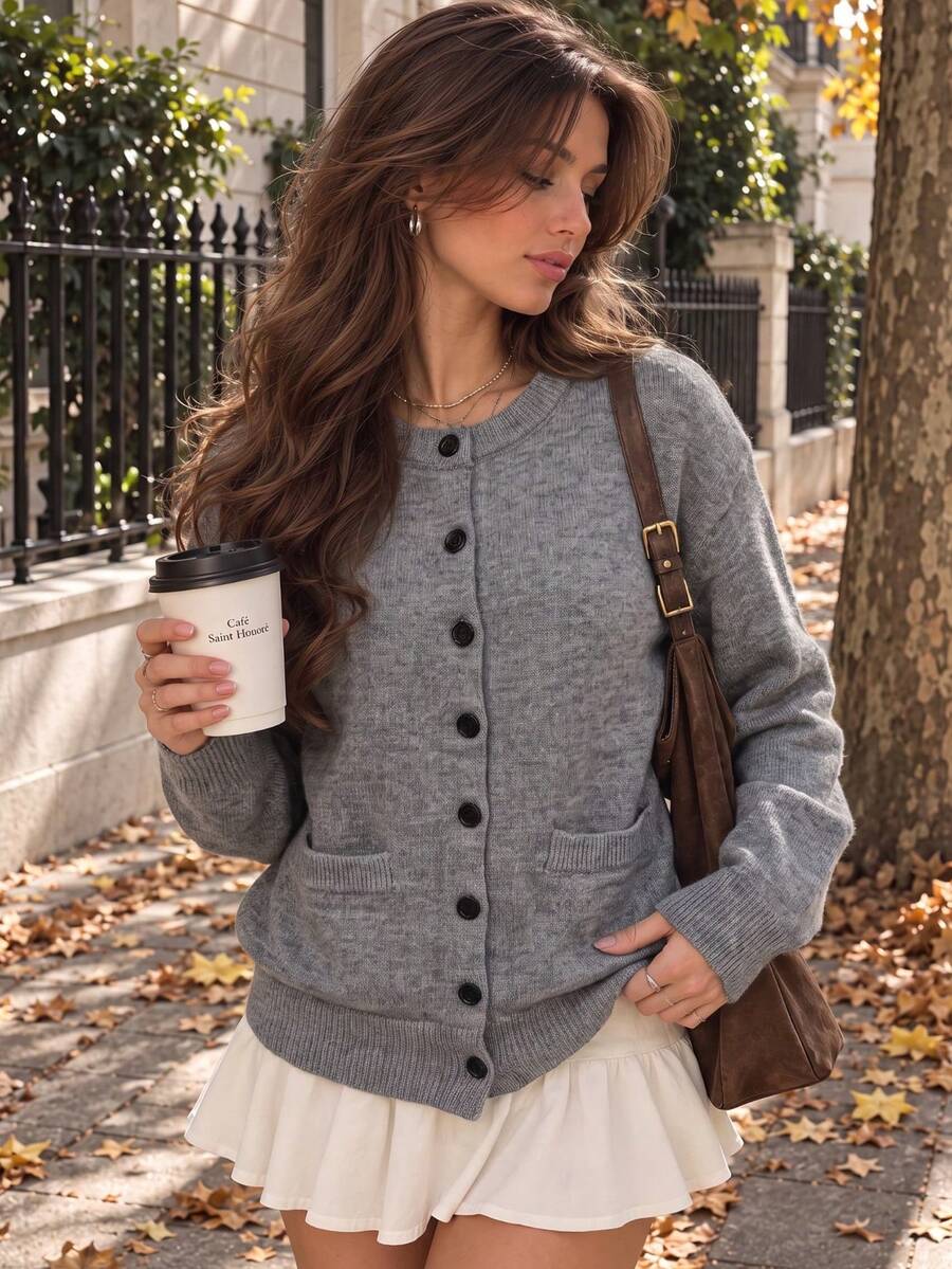 Women Fall Winter Gray Knit Cardigan With Pockets, Crew Neck Front Button Long Sleeve Sweater, Casual Vintage Ribbed Hem Top, Street Going Out Outfit - Dark Grey - View 1