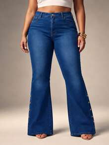 Women's Plus Size Flare Leg Jeans, Washed & Raw Denim Details, Comfortable High Stretch Fabric - Blue - View 5