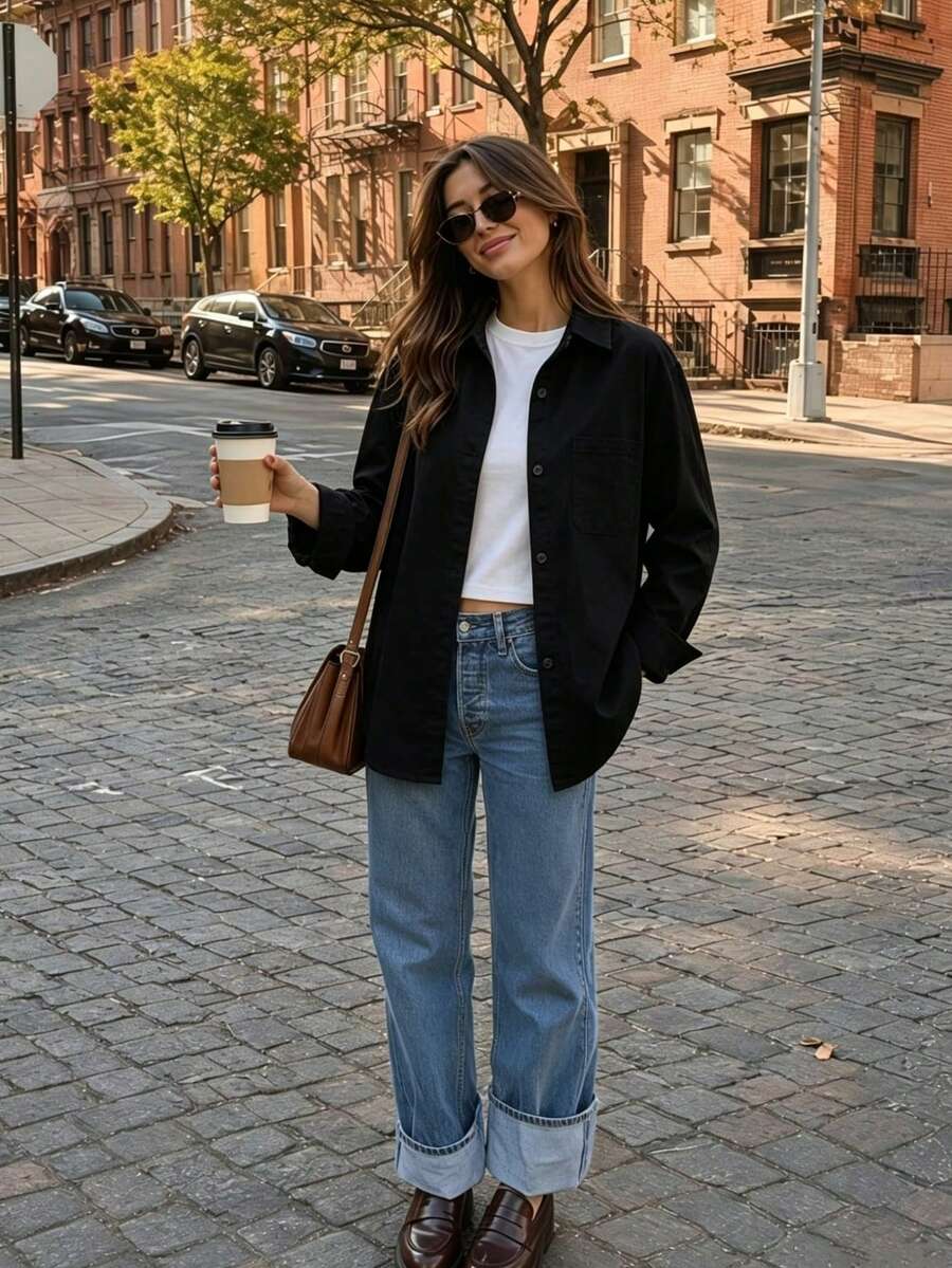 Women's Autumn Solid Color Pocket Front Button Down Casual Shirt Black - Black - View 1