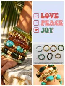7pcs Fashionable Luxurious Y2K High-End Unique Shiny Glossy Multi-Purpose Vintage Elegant Green Resin Amber Gold Metal Beaded Bracelet Set, Suitable For Women's Daily Wear And Holiday Parties - Multicolor - View 5