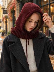 1件女款純色時尚休閒百搭羊毛拉帽，秋冬日常穿著 - 酒紅色 - 查看 2