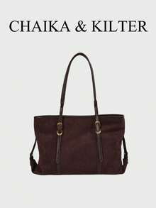 1pc Simple Buckle Suede Fabric Shoulder Tote Bag, Suitable For Commuting, Shopping, Etc. - Coffee - View 2