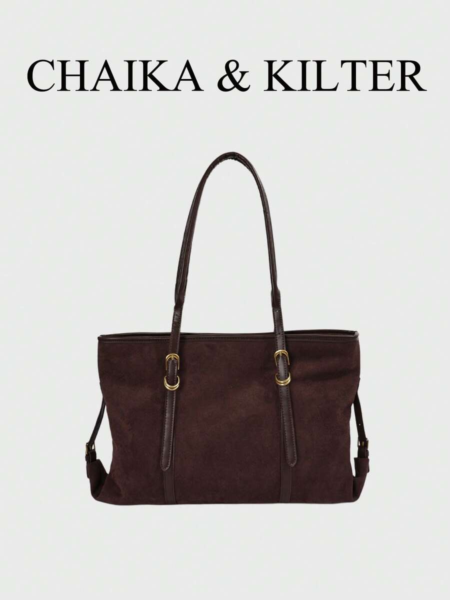 1pc Simple Buckle Suede Fabric Shoulder Tote Bag, Suitable For Commuting, Shopping, Etc.