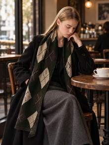 1pc Women's Diamond Checkered Fashion Preppy Style Versatile Wool Knit Scarf For Autumn/Winter Daily Wear - Army Green - View 6