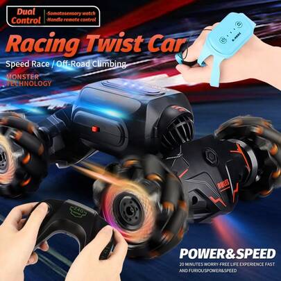 2.4GHz Transforming RC Stunt Car With Mecanum Wheels, LED Lights & Gesture Control Wristband - 360° Rotating Off-Road Remote Control Vehicle For Teens & Adults, Ages 14+