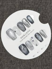 10pcs Handmade Blue Cat Eye Coffin Shaped Full Coverage Fake Nails, Decorated With Silver Moon And Beads, Fashionable And Exquisite, Easily Create Beautiful Nails, Adding Romantic Atmosphere To Fingertips And Subtly Displaying Bold Fashion Sense - Baby Blue - View 3