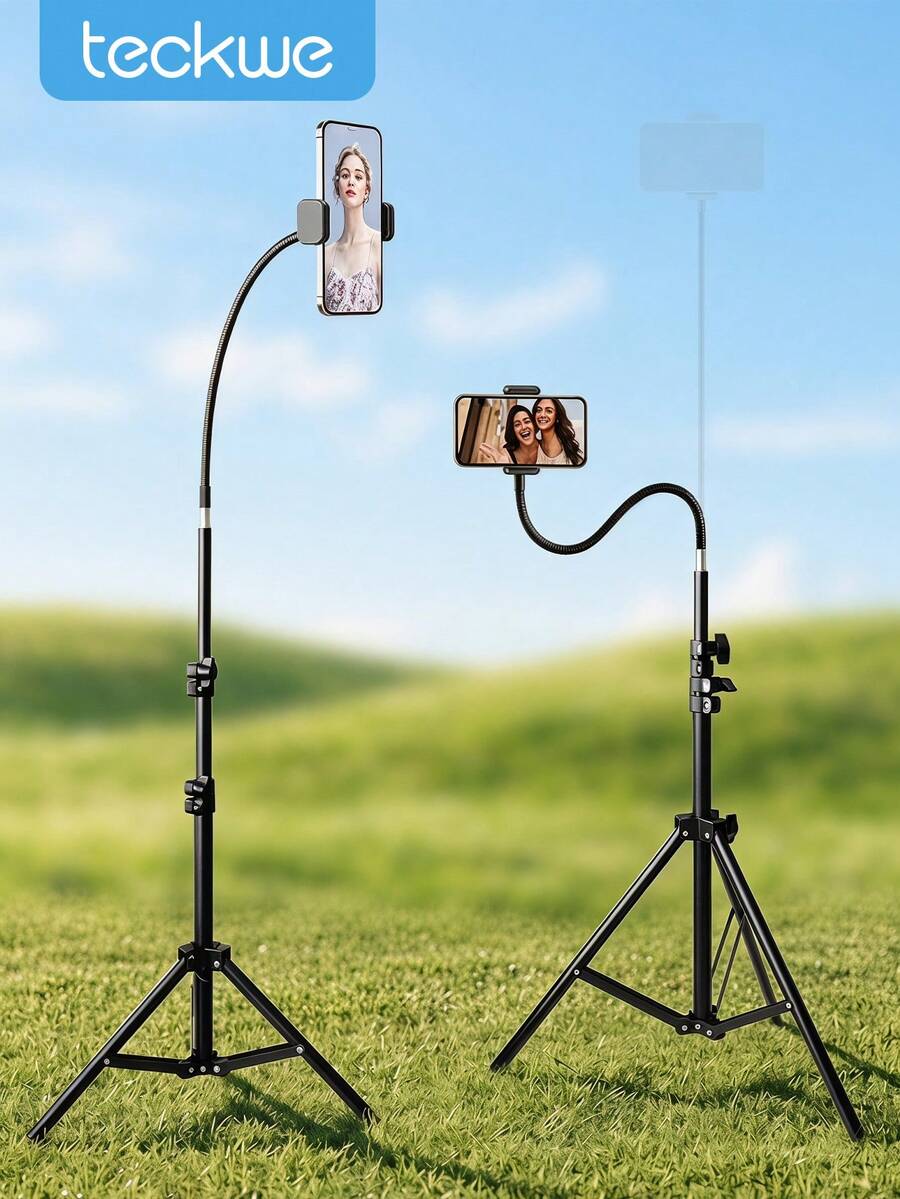 Teckwe 57 Inch Phone Tripod With 13.7 Inch Adjustable Gooseneck, Portable Tripod With Cell Phone Clip, For Recording Photo Vlog, Extendable Cell Phone Tripod Stand For Live Streaming, Cooking, Fitness