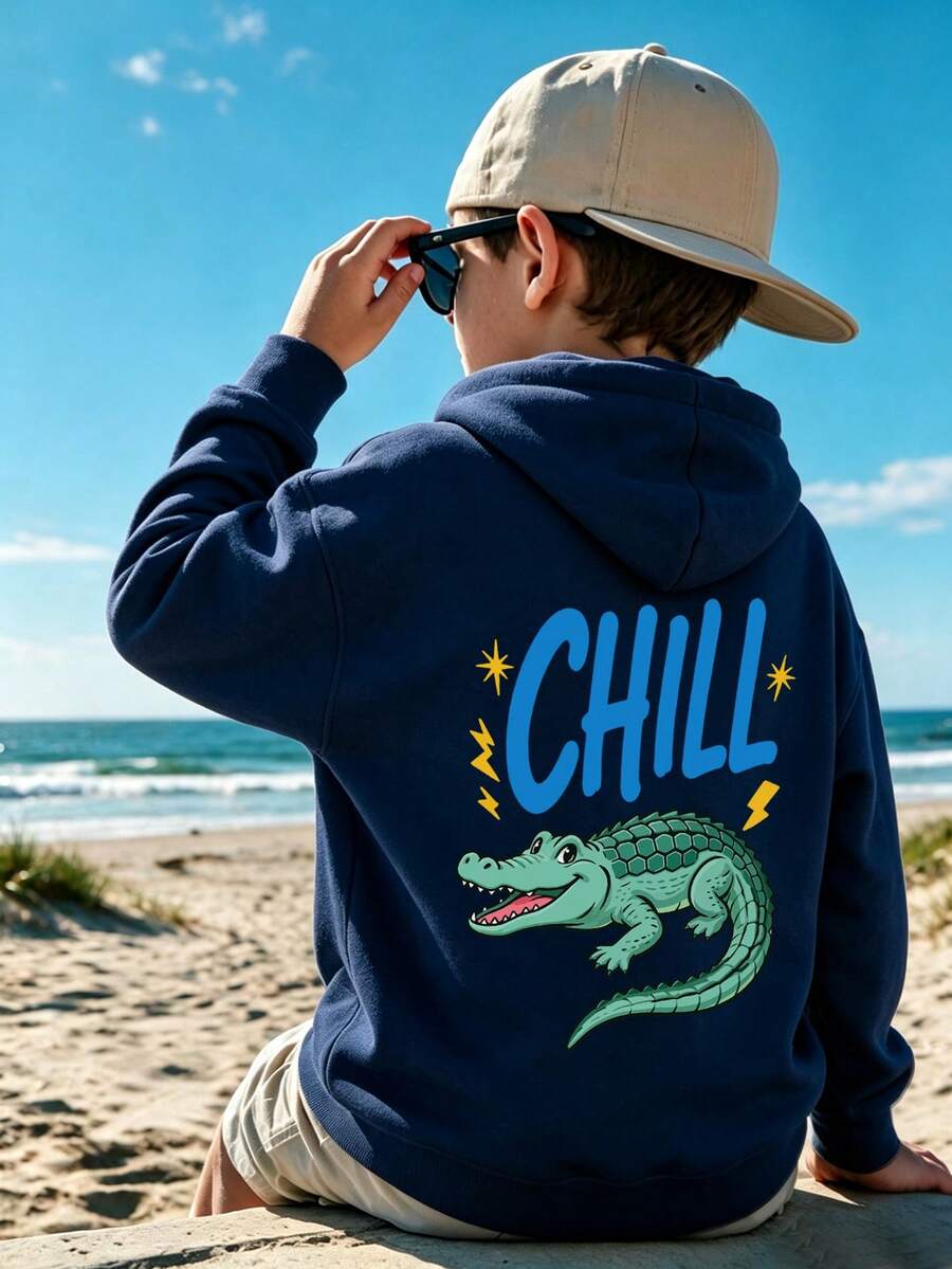 1pc Boys Printed Sweatshirt, Student Teenager Sweatshirt, Autumn/Winter Young Boy Clothing - Navy Blue - View 1