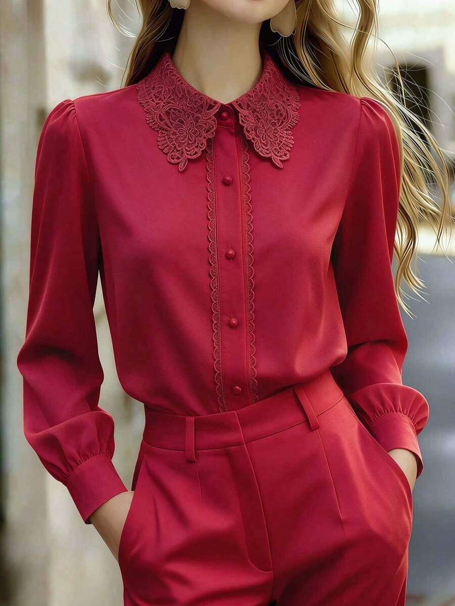 Women's Solid Button Front Shirt, Lace Collar Embroidery Long Sleeve Top For Business, Office, Home, Vacation, Holiday, Spring Summer Fall Winter - Red - View 1
