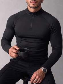 Men's Autumn/Winter Fashion Casual Raglan Sleeve Zip-Up Polo Collar Long Sleeve T-Shirt, Suitable For Daily Social Wear - Black - View 8