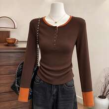 Women's Pure Cotton Henley Collar Long Sleeve T-Shirt Regular Fit Button Decor Top Slight Stretch - Coffee Brown - View 2