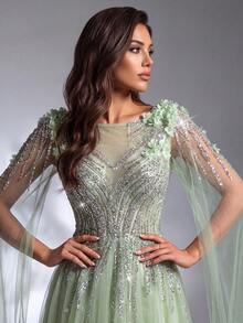 IBTRLY Spring/Summer New Elegant Luxury Green Sequin Beaded Floral Decor High Slit Mesh Formal Evening Gown Suitable For Party, Wedding, Graduation, Birthday, Celebration, Prom, Homecoming, Vacation, Date - Green - View 2