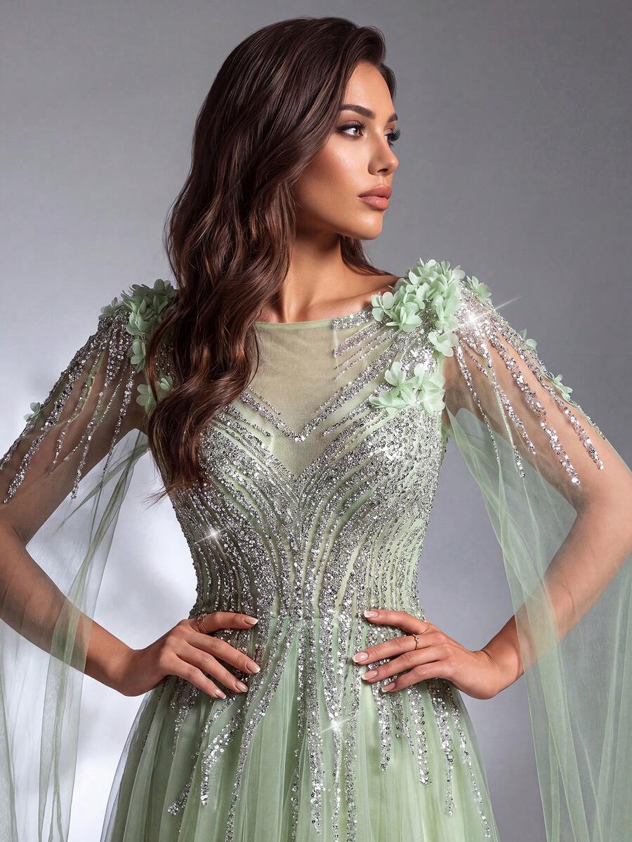 IBTRLY Spring/Summer New Elegant Luxury Green Sequin Beaded Floral Decor High Slit Mesh Formal Evening Gown Suitable For Party, Wedding, Graduation, Birthday, Celebration, Prom, Homecoming, Vacation, Date