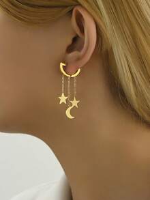 1 Pair Minimalist Metal Star & Moon Tassel Long Earrings For Women, Daily Commute, Date, Vacation, Atmospheric Jewelry - Multicolor - View 2