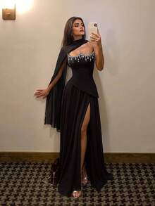 ADYCE Elegant Strapless Waist-Cinching Backless Fitted Tie-Up Rhinestone Embellished High Slit Floor-Length Ball Gown, Suitable For Prom, Homecoming, Wedding Guest, Formal Dinner, Christmas - Black - View 2