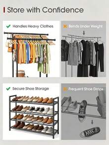 Rolling Metal Garment Rack, Double‑Bar Freestanding Clothes Hanging Rack With Wheels & Side Hooks For Bags, Bedroom Storage Organizer" - A - View 7