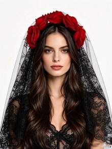 1pc Dark Gothic Style Realistic Red Rose Lace Head Veil Headband, Halloween Day Of The Dead Cosplay Costume Headpiece, Gothic Party Hair Accessory - Multicolor - View 4