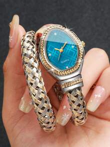 Women's Luxury Rhinestone Snake-Shaped Bracelet Watch, Woven Metal Double-Loop Band With Rhinestone Plaid Dial, Niche Fashion Quartz Wristwatch (1pc/Set), Watch Box Not Included - Multicolor - View 5