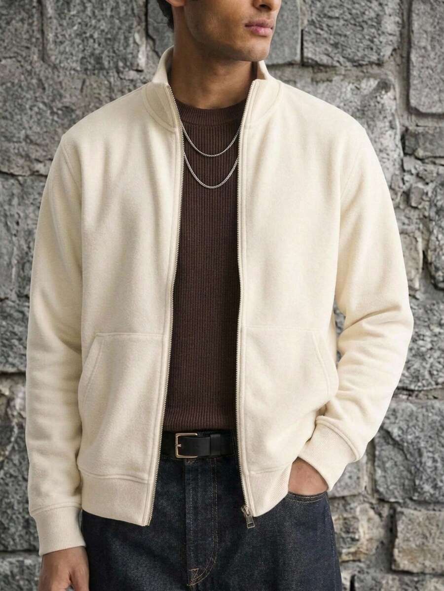 Men's Solid Color Zipper Casual Versatile Daily Wear Cardigan - Champagne - View 1