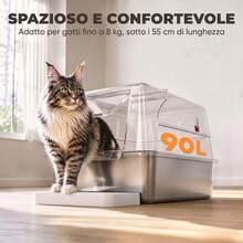 PawHut Lettiera Gatto Chiusa XL in Acciaio Inox con Coperchio, Toilette per Gatti 90L, Gradino Raccogli-lettiera, Paletta, Pareti Alte, Antiperdita, Antiodore, Facile da Pulire, Grigio Chiaro - XL - Visualizzare 2