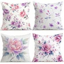 4pcs Watercolor Purple Floral Pillow Covers, Peony Branch Print Pattern Without Inserts, Single-Sided Printed Pillow Covers, Suitable For Living Room Bedroom Home Decor, All Season Pillow Covers - Multicolor - View 5