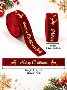 2M 聖誕天鵝絨緞帶捲，金色箔印花鋼絲緞帶，附 Merry Christmas、馴鹿與星星圖案，柔軟裝飾禮品包裝緞帶，適用於聖誕樹蝴蝶結、花環、花串、禮盒、節日派對裝飾與 DIY 手作套組 - 多色 - 查看 4