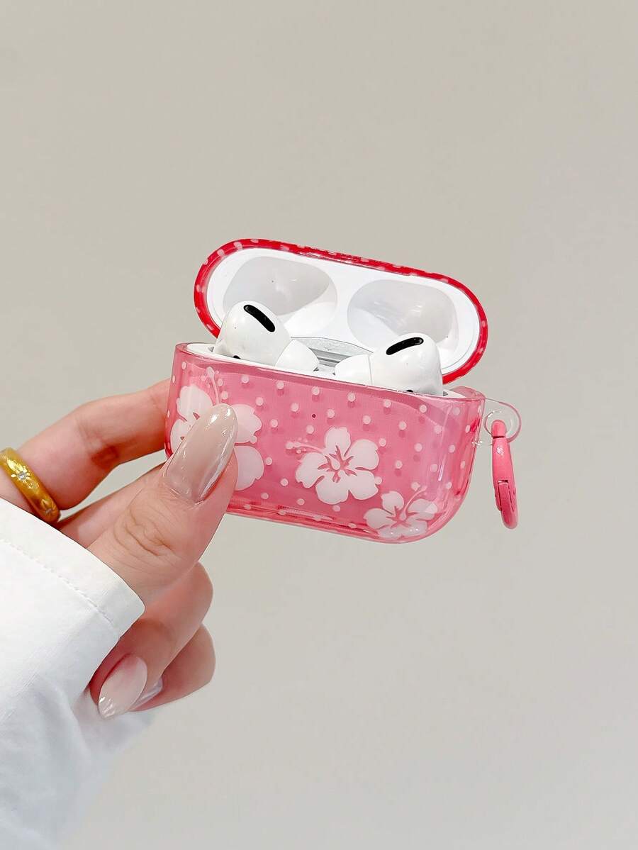 Casing Earphone Motif Bunga Hibiscus Polkadot Merah Muda Lucu, Kompatibel dengan 1/2/3/Pro/Pro2, Pelindung Earbud TPU Transparan Lembut Tahan Guncangan dengan Gantungan Kunci, Aksesori Bunga Modis - MultiWarna - View 1